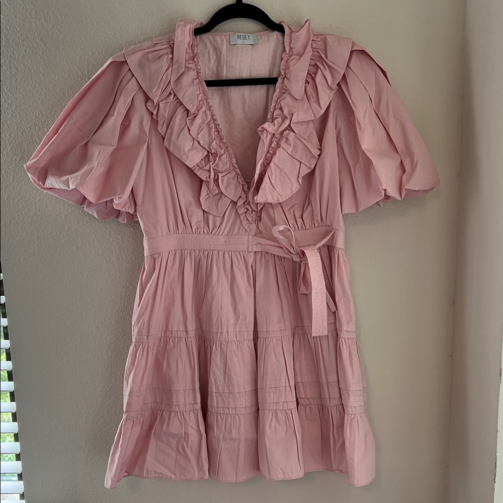 Fun and Flirty Pink Ruffle V-Neck Mini Dress with Tie Waist